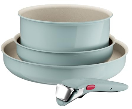 Lagostina Ingenio Pastel, Set di Padelle Antiaderenti 4 Pezzi con Manico Rimovibile, Compatibili con Induzione e Forno, Design Salvaspazio, Colore Salvia