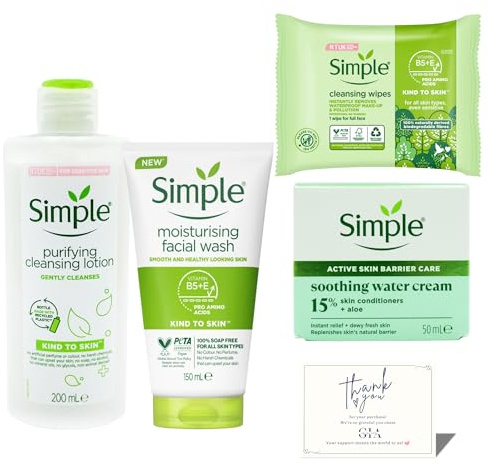 Simple Skincare Set – Simple Cleansing Lotion, Facial Wash, Face Wipes & Soothing Water Cream – Gentle Cleanser for Face, Cleansing Wipes, Facial Cleanser for Sensitive Skin