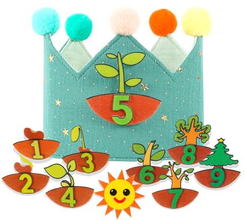 Macamolly Geburtstagskrone Kinder als Symbol der Wachstumsreise vom Keimling zum Baum - Krone Geburtstag mit Zahlen 1-9 - Geburtstags-Dekogeschenk mit Aufbewahrungsbeutel
