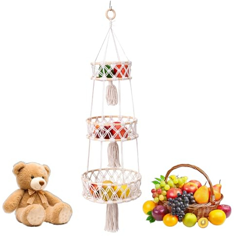 Zyiphor Corbeille à Fruits Suspendue à 3 Niveaux Ø30cm+25cm+20cm Style Bohème Panier à Fruits Suspendu Tissé à la Main pour la Cuisine, le Salon ou un Hôtel