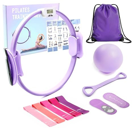 MaxU Pilates Essentials Kit for Women, Pilates Ring with Counter, Home Pilates Equipment with 14 Pilates Circles,Pilate Ball, Resistance Bands and Grip Socks – Ideal for Beginner Home