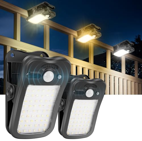 BlueYu Clip On Solar Motion Lights Outdoor, 800LM Brightness, 3 Modes & 3 Color Temperatures, USB Charging & Remote Control, Waterproof Flood Light for Fence, Gutters, Patio, Camping (2 Pack)
