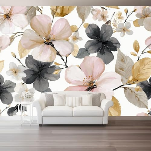 Generico Carta da Parati 350 x 256 cm（WxH, Acquerello Arte Fiori Decorazione da Parete Carta Parati Soggiorno Camera Letto Bianco