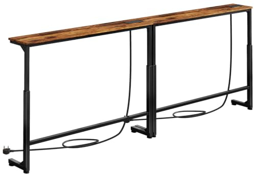 Kitstorack 2-Pack Narrow Console Table with Adjustable Height (25-33) & 2 Power Outlets, Skinny Behind Couch Table, 78.8 Long x 5.9 Wide Sofa Side Table for Living Room (Rustic Brown)