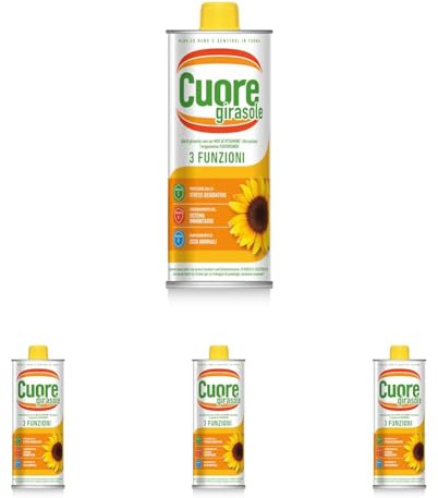 Cuore Olio di Girasole, Formato 1 Litro. 3 Vitamine E,A,D - 3 Funzioni - Per il tuo Benessere Quotidiano: Antiossidante, Immunità, Ossa Normali. (Confezione da 4)