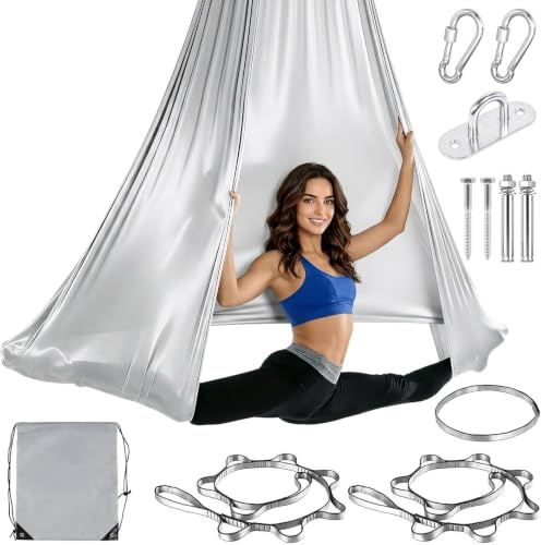 150x280CM Aerial Yogatuch,Aerial Yoga Hängematte Set Hängematte Indoor Grau | 200 Kg Max Yoga Hängematte Hammock Swing Yogas-Schaukel Hammock Swing mit Karabiner,Befestigung,Nägel & Zubehör