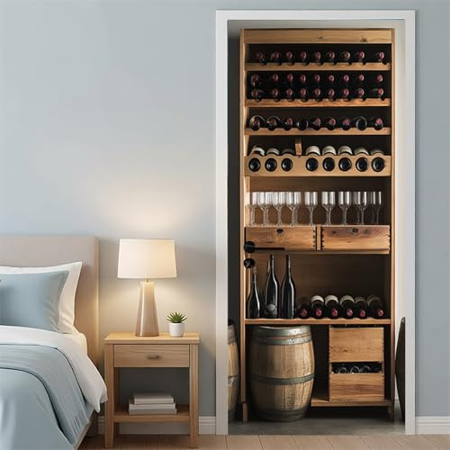 Sticker Porte cave à vin vintage en bois 63 x 205 cm Autocollant Trompe l’Oeil brun Décoration Murale Chambre Salon