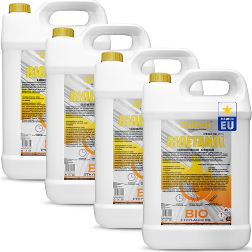 GiDeli Bioethanol 96,6% Geruchlos 4x5L Ethanol für Tischkamin, Kamin Indoor & Outdoor - Rauchfrei und Rußfrei - Aus Mais & Zuckerrüben