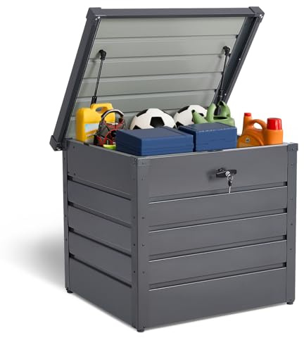 DKIEI 200L Lockable Garden Cushion Storage Box Waterproof, Outdoor Metal Deck Box with Built-in Lock, Small Outside Storage Box for Cushions, Tools, Toys, 72x62x63 cm, Anthracite Grey
