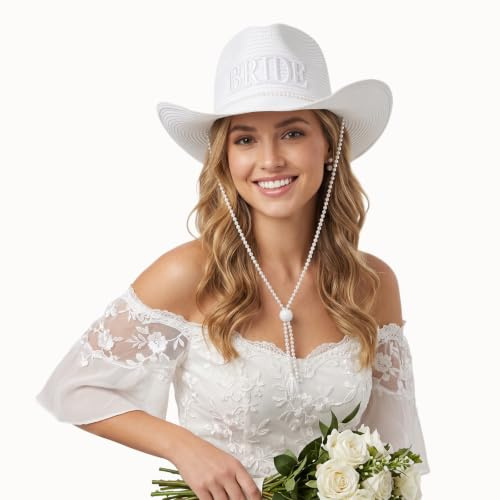 Bride Western Cowboyhut mit Schleier für Braut Damen Vintage Perlen-Deko Sonnenhut aus Stroh klassisch Cowgirl Accessoires Weiß & Breitkrempe Für Outdoor Hochzeit Feiern Party JGA Karneval Mottoparty