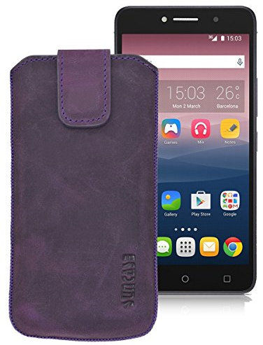 Suncase Original ECHT-Leder Tasche Etui für | Alcatel One Touch Pixi 4 (8050D) Dual-SIM (6 Zoll) | (mit Rückzugsfunktion, Magnetverschluss) Cover Hülle Schutz antik-lila