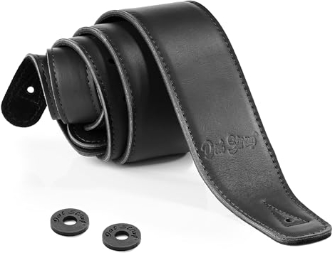 Dat Strap Gitarrengurt Leder | für Gitarre Elektro, Akustik, Elektroakustische, Bass und Konzertgitarre | Gepolstert für Zusätzlichen Komfort | Schwarz | Enthält 2 Pick Geek Stahlplektren