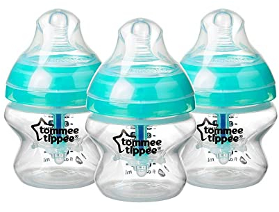 Tommee Tippee Advanced Anti-Colic Baby Bottles, Breast-Like Teat and Heat Sensing Technology, 150ml, Pack of 3, Clear