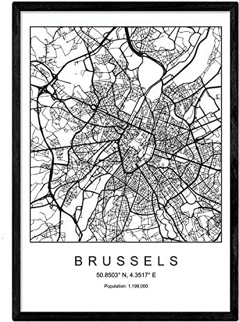 Nacnic Lámina mapa de la ciudad Brussels estilo nordico en blanco y negro. Poster tamaño A3 Enmarcado con marco negro Impreso papel 250 gr. Cuadros, láminas y posters para salon y dormitorio