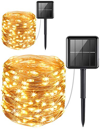 Sunboia Solar Lichterkette,2er Stück 100 LED Außen Silberdraht Lichterkette Wasserdicht 8 Modi Solarbetriebene Sternen Lichterkette Innen für Weihnachten Party Garten Hochzeit Deko,Warmweiß