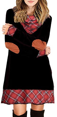 Ancapelion Damen Langarm Minikleid Kariertes Kleid Rollkragen Strickkleid A-Linie Sweater Herbstkleid Lose Kleider Pullover Kleid für Winter Herbst, Schwarz, L