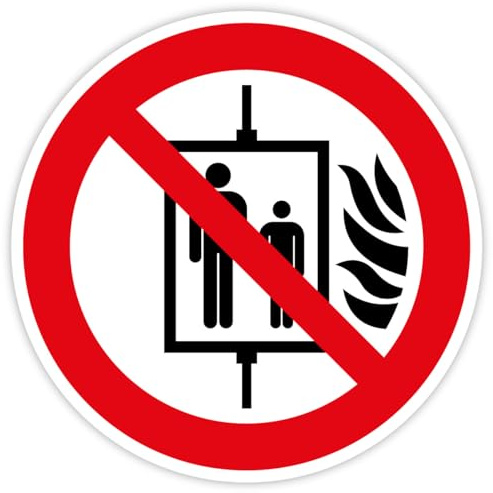 Aufkleber Verbotszeichen „Aufzug im Brandfall Nicht benutzen“ Warnhinweis Symbol nach ISO 7010 (P020) | Größe wählbar Made in Germany, Größe: Ø30 cm