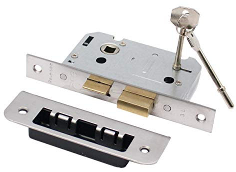 3 Lever Mortice Door Sash Lock Bolt Through | 64mm / 2.5 Inch | Square Forend | Satin Stainless