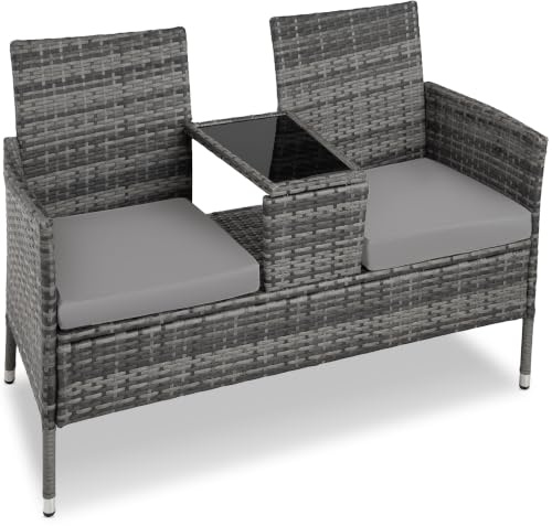 tectake® Banc d'extérieur avec Table intégrée, 133x63x84 cm, Ensemble de Salon de Jardin, Terrasse, Balcon, Résistant aux intempéries, Coussin d'assise 6 cm, Mobilier de Jardin en Rotin 2 Personnes