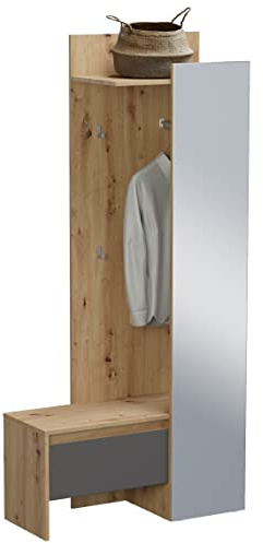 Newroom Flurgarderobe Eiche Grau mit Spiegel und Sitzbank modern | grifflos, Schublade plus offene Ablage, Kleiderhaken, Hutablage, Garderobenset, Garderobenschrank schmal, für den Flur