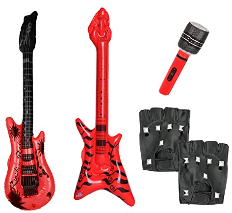 Kit per feste Punk Rock 4 pezzi, chitarra gonfiabile, basso gonfiabile, guanti in pelle PU con rivetti, accessori per abbigliamento da discoteca Heavy Metal anni '70, 80 e 90, spettacoli, feste.