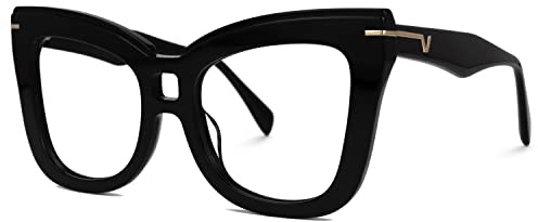 VOOGLAM Gafas lisas de gran tamaño para mujer, transparentes, antiazules, marcos gruesos, 7543, Negro -, M