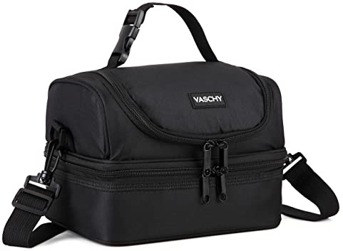 VASCHY Insulated Lunch Bag, Men's, Women's Portable Separate Compartments, Insulated Bag, Children's Reusable Lunch Handbag with Adjustable Shoulder Strap for School Office Picnic, Black
