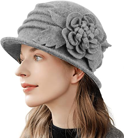 HilyBony Damen 1920er Herbst Wintermütze Floral Wolle Rund Cloche Kirche Bowler Hut Vintage Französische Baskenmütze (as3, Alpha, m, Standard, Grau)