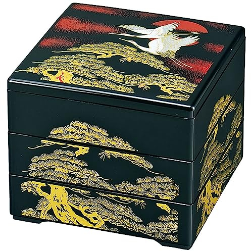 TIKUSAN Lack, Bento-Box, japanische traditionelle 3-stöckige Stapelbox, Jubako Osechi, hergestellt in Japan, Schwarz