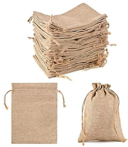 PLECUPE 50 Pezzi Sacchi di Juta,Sacchetti Juta Bomboniere 20 x 30 cm,Sacchetti Juta Lino con Coulisse,Ripetibile,per Regali di Nozze Gioielli,Fai da Te,Artigianato,Festa di Compleanno,Natale Cachi