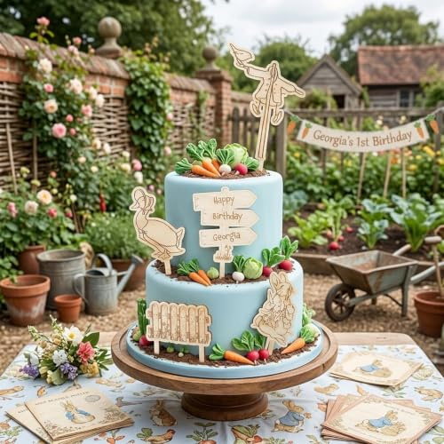 Personalised Peter Rabbit Cake Topper, Wooden Birthday Party Set (5 Piece) | Custom name design with Jemima Puddleduck, scarecrow, fence and sign for children's celebrations, themed desserts and photos.