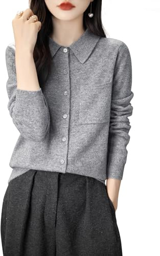 Chanyarn Women's Polo Neck 100% Merino Wool Sweater 2025 Spring Basic Long Sleeve Knitted Cardigan Sweater with Pocket (Grey,S)