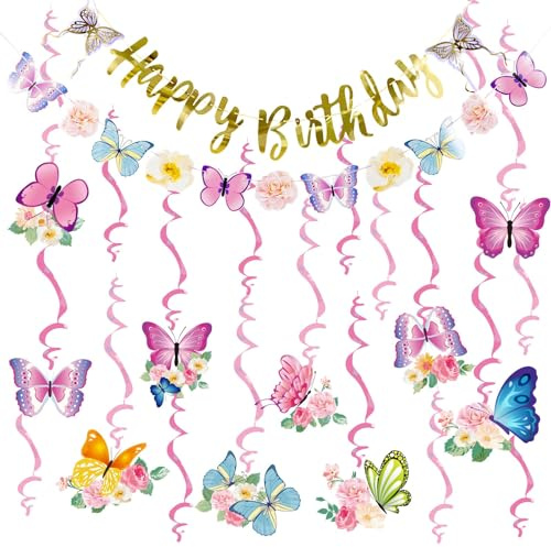 Easy Joy Schmetterling Geburtstag Deko Set Happy Birthday Banner | Hängespiralen mit Blumen für Mädchenparty, Kinderparty, Babyparty, Gartenparty, Geburtstagsfeier und Fotohintergrund