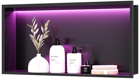 Neohomee Wandnische Dusche Edelstahl mit RGB LED-Licht, Eingebettete Duschnische Schwarz Einzelregal Lagerung mit Fernsteuerung für Badezimmer, 60 x 30 cm