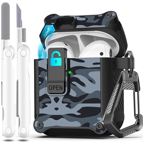 R-fun Compatibile con la custodia Airpods con clip di chiusura automatica e sicura, custodia rigida protettiva e robusta per Apple Airpods 1 e 2 con portachiavi,Mimetico nero