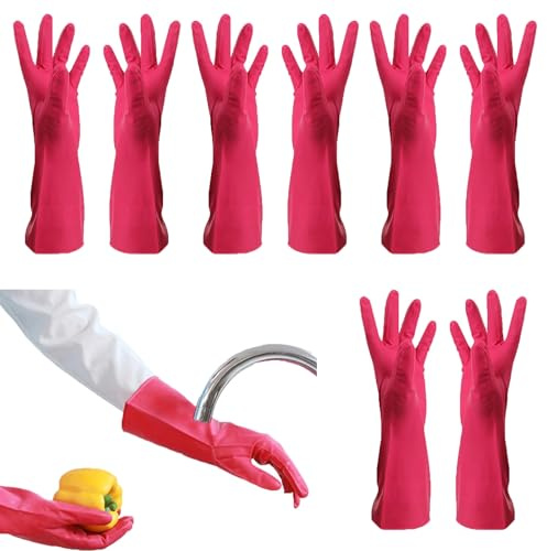 LUNCHS 4 Paare Putzhandschuhe Gitterdesign für Sicheren Halt Ding-Qing-Gummihandschuhe Haushaltshandschuhe(Rot,M)