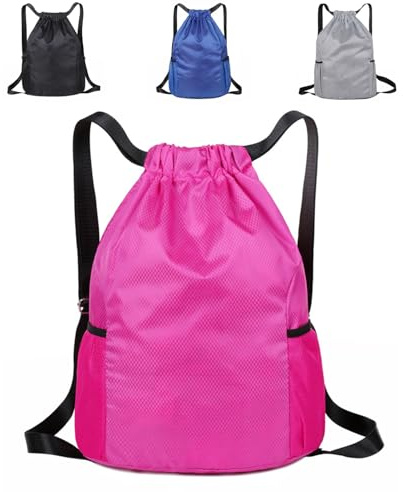 SUJIBHI Drawstring Bags Unisex Waterproof Sports Bag Swim PE Bags Drawstring Gym Bag for School Sports Swimming Gym Travel Beach (Rose red)