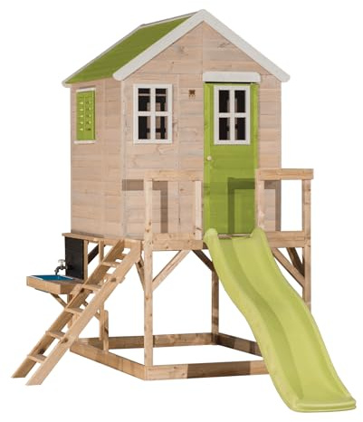 Wendi Toys M22-K Spielhaus aus Holz mit Rutsche, Kinderküche, Stelzenhaus Garten Outdoor Kinder 310×197×242 cm, mit Plattform, Wasserhahn