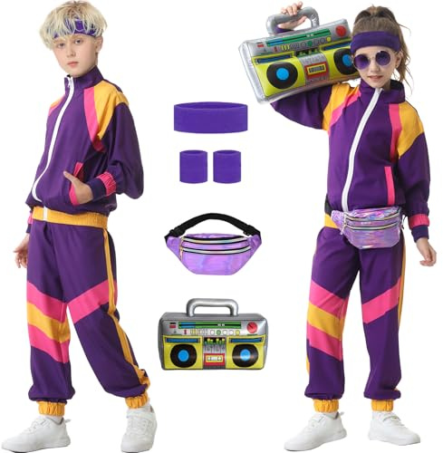Hislovy Disfraz años 80 90 para Niñas Niños Disfraces Traje de Chándal de los 80 Traje de Aeróbic Conjuntos Deportivos Carnaval Fiesta Halloween, Morado, 7-8 años