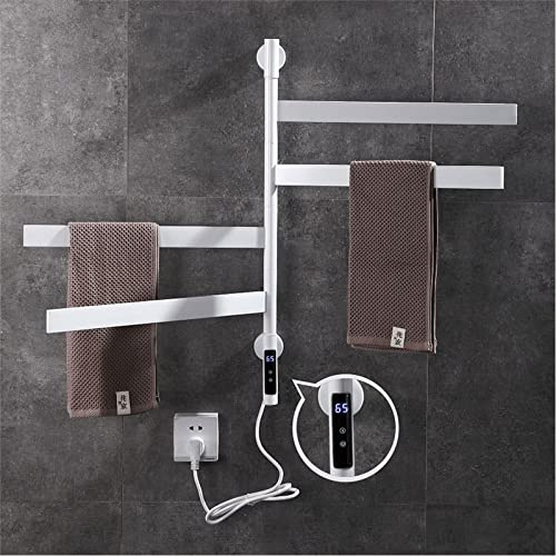 WUBYING Stainless Steel Towel Warmer Rack, 220V Intelligent Thermostatic Electric Heated Towel Rack Wall Mounted 180° Rotatable Bath Towel Rail Drying Hanger