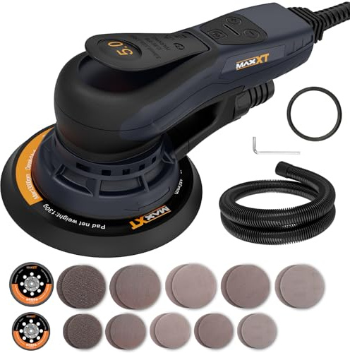 MAXXT Lijadora orbital sin escobillas 350W, Lijadora excéntrica 5.0， disco de 125mm&150mm, 4000-10000RPM(6 velocidades ajustables) Freno automático-2s, y 20 hojas de papel de lija
