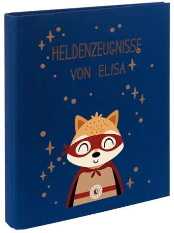 Zeugnismappe mit Namen personalisiert aus Leinen Schulkind Geschenk zur Einschulung Motiv Superheld (Blau, Fuchs)