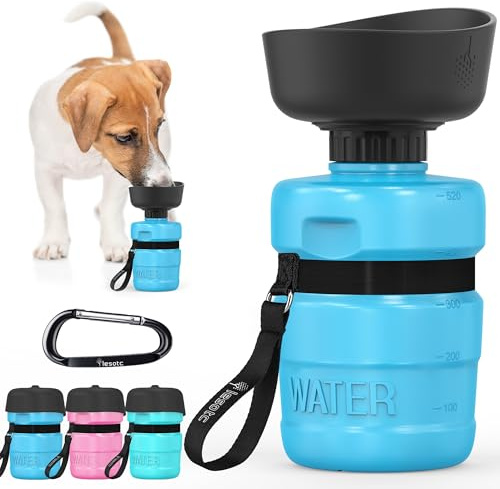 lesotc Hundetrinkflasche für unterwegs mit Faltnapf, 520 ml, Blau | Auslaufsichere Wasserflasche für Hunde mit Silikondichtung und Karabiner, ideal für Spaziergänge, Reisen und Camping