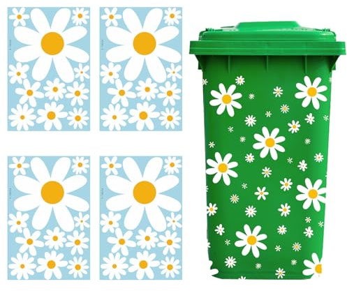 Wheelie Bin Stickers Daisy Stickers, 4 Sheets Self-Adhesive and Waterproof Flower Sticker for Car Fridge Bins Wall Outdoor Indoor Decorative Decal