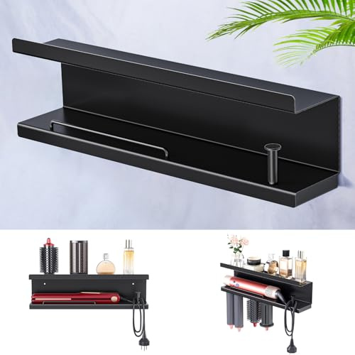 WAYASI Föhnhalter Wand Ohne Bohren, Föhn und Glätteisen Halterung Für Lockenstab Zubehör, Fönhalterung Wandhalterung, Aufbewahrung Glätteisen Föhn, Selbstklebend oder Bohren Föhnhalterungen (Schwarz)