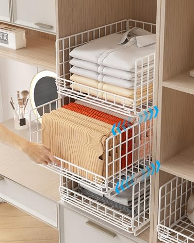 UMDONX 3 Pack Pull out Wardrobe Storage Organiser Drawer Stackable Clothes Basket, Cupboard Cabinet Clothing Rack Inside Closet Wire Shelf (Durable Metal White 20KG Load)