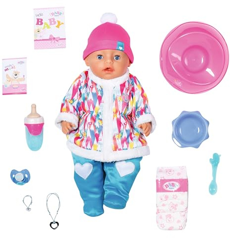 BABY Born Soft Touch Wintertime Girl, 43cm große Babypuppe mit 9 Funktionen und Accessoires mit Schneeanzug, für Kinder ab DREI Jahren, funktioniert ohne Batterie, 831281 Zapf Creation