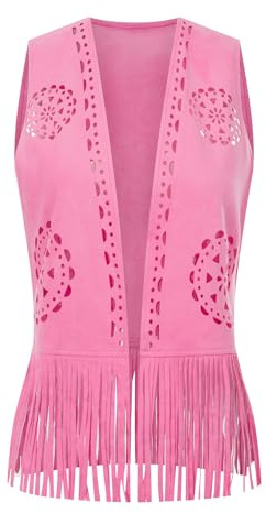 Womens Fringe Vest 70s Hippie Costume Hollow Out Flower Sleeveless Cowgirl Western Tassel Jacket Cardigan (D-Fuchsia, M)