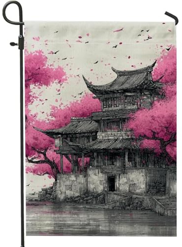 Asiatische Gartenflagge mit Kirschblüten, Pfirsichbaum, Outdoor-Dekoration, doppelseitig, natürliche Jute, Frühlingsrasenbanner, elegante saisonale Heimdekoration, 30,5 x 45,7 cm