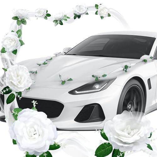 Pmueuff Deco Voiture Mariage, Fleurs Artificielles Blanches Romantiques Décoration Voiture Mariage, Décoration Florale de Voiture, Kit Decoration Voiture Mariages avec 9 Roses, 2 Gaze Blanche